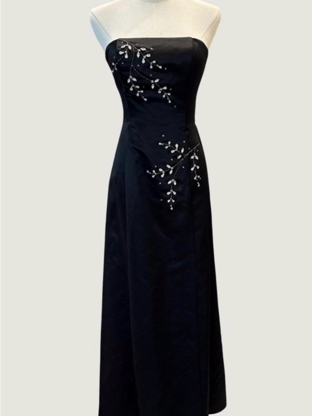Jessica McClintock Strapless Black Evening Gown with Crystal Branch Detail